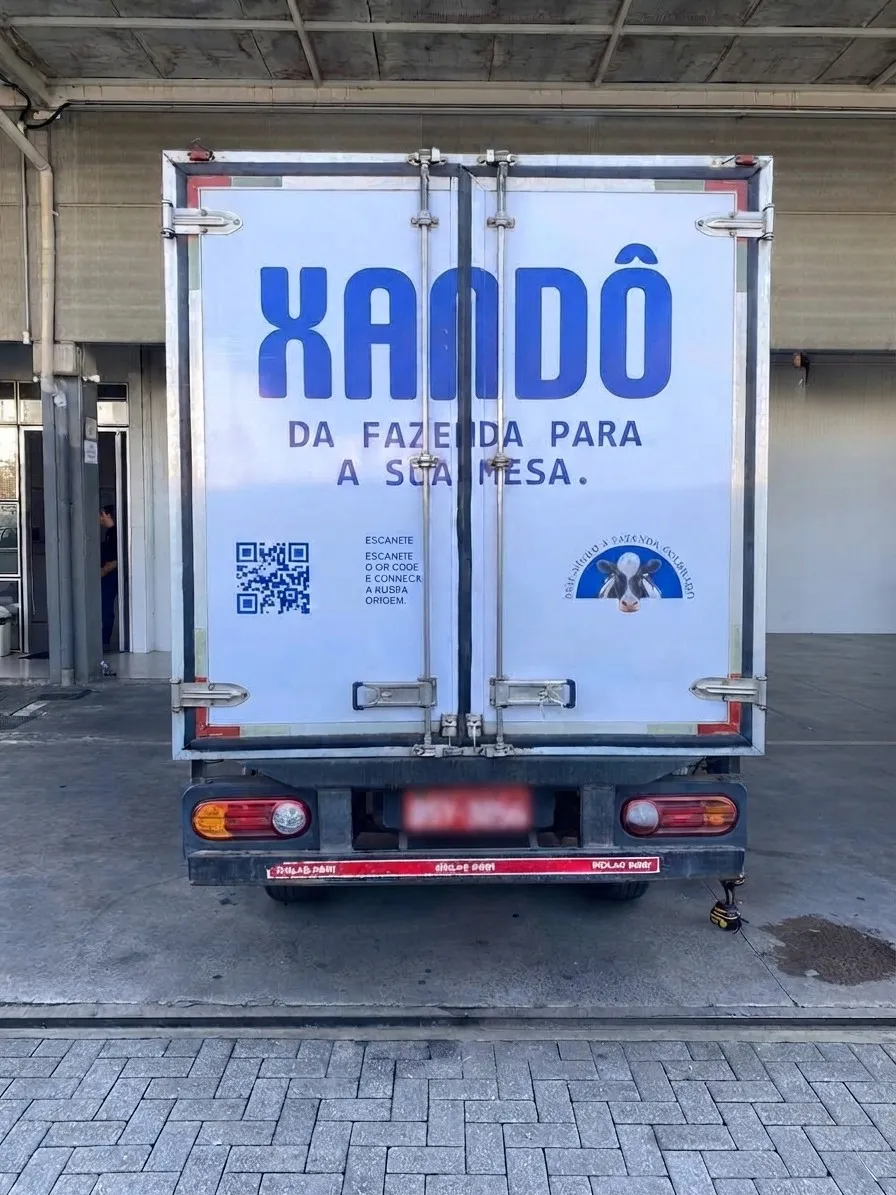 Caminhão baú Xandô adesivado em vista traseira