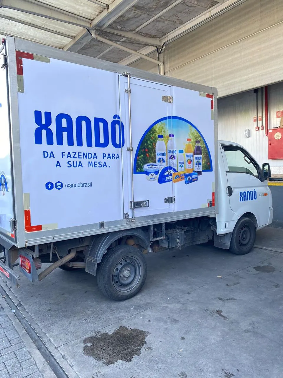 Caminhão baú Xandô adesivado em vista lateral